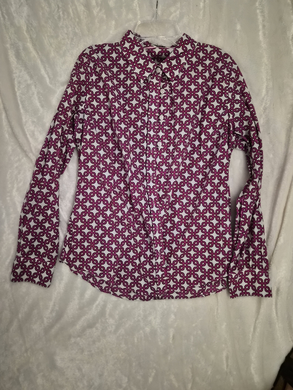 Crown & Ivy Pink Geometric Print Button Front Blouse Medium Preppy
